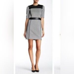 Theory Calvino Mini Dress in Elmore Knit with Black Lamb Skin Trim